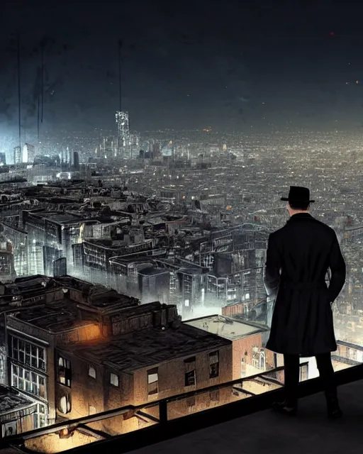 Prompt: extremely detailed night rooftop scene, close up shot of a photorealistic gangster wearing a trench coat looking at the city below, unreal engine, hyper realism, realistic shading, cinematic composition