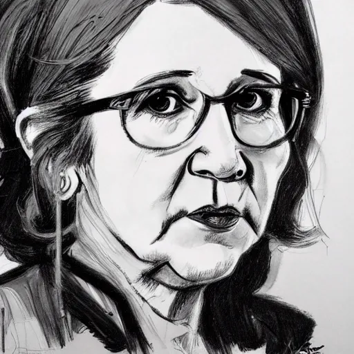 Prompt: a realistic yet scraggly portrait sketch of the side profile of a stern and sophisticated carrie fisher, trending on artstation, intricate details, in the style of frank auerbach, in the style of sergio aragones, in the style of martin ansin, in the style of david aja, in the style of mattias adolfsson