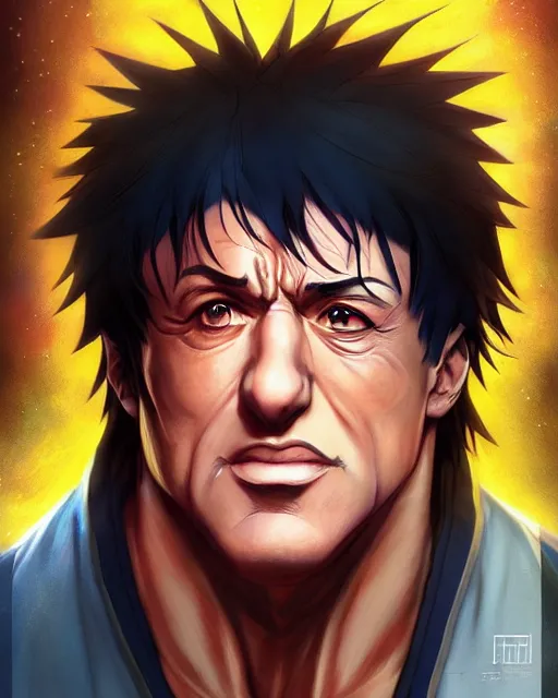 Image similar to anime portrait of Sylvester Stallone as an anime man by Stanley Artgerm Lau, WLOP, Rossdraws, James Jean, Andrei Riabovitchev, Marc Simonetti, and Sakimichan, trending on artstation