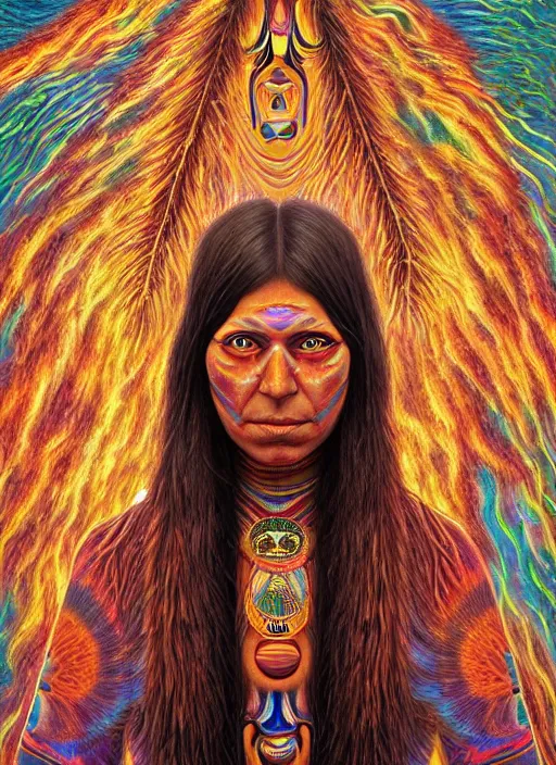 Image similar to portrait ultra dimensional native american woman shaman, accidentally tripping on dmt and acid, psychedelic experience, overwhelming psychosis of self realization and burning awakening, ultra high definition, unreal engine 5, hyperrealism, masterpiece composition, by casey weldon, barclay shaw