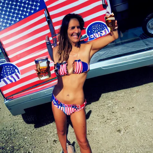 Image similar to photo of woman in the back of a pickup truck wearing bikinis drinking beer waving the american flag. the woman is completely drunk but still attractive and supports biden.