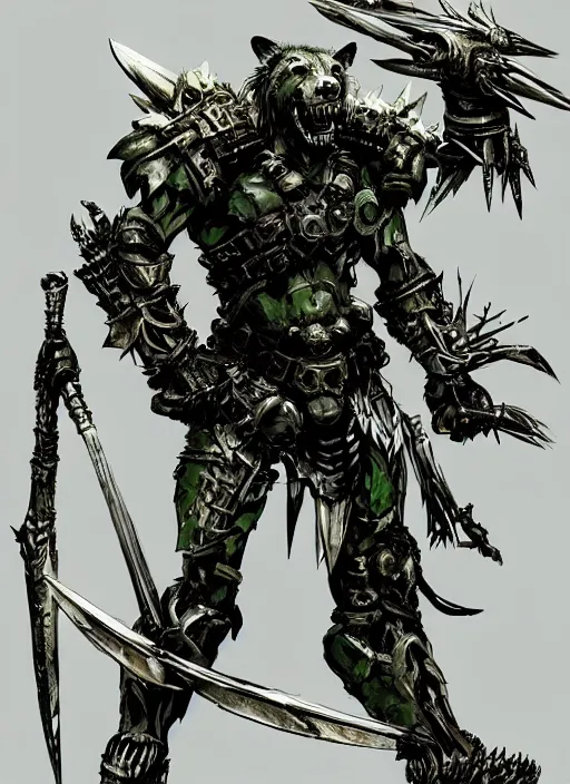 Image similar to Full body portrait of a gnoll warrior with a armour made of bones, emanating with green aura. In style of Yoji Shinkawa and Hyung-tae Kim, trending on ArtStation, dark fantasy, great composition, concept art, highly detailed, dynamic pose.