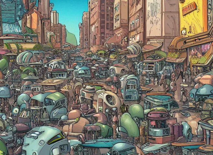 Prompt: close up view of a bustling city street on an alien planet by jeff darrow, earth and pastel colors, dramatic perspective