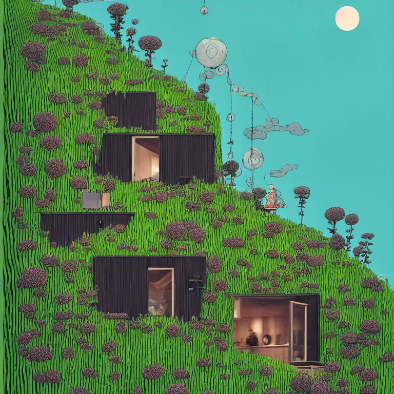 Image similar to tiny house by kengo kuma on island, sea cloud, surreal art by gediminas pranckevicius, geof darrow, jason naylor, dark shadows, hard lighting, floralpunk flower and green plants garden, inking, etching, screen print, masterpiece, trending on artstation, sharp, colorful high contrast hd, 8 k hyper detailed