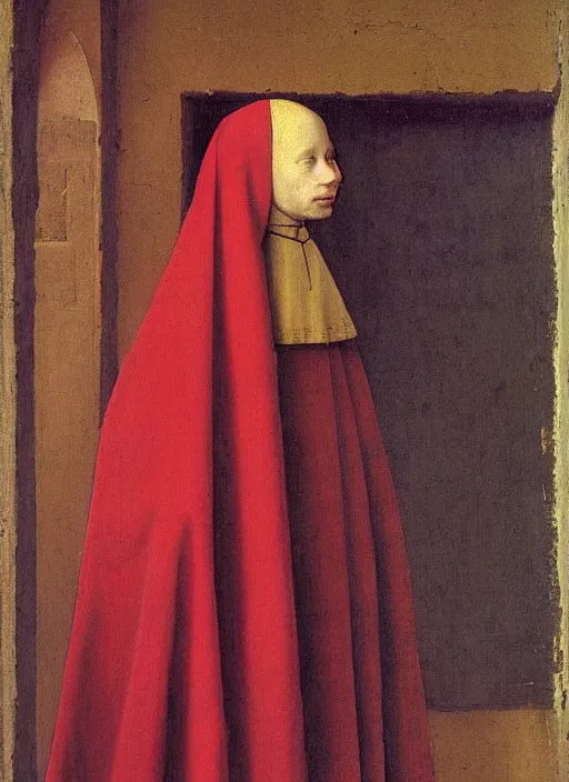 Image similar to red cloth, medieval painting by jan van eyck, johannes vermeer