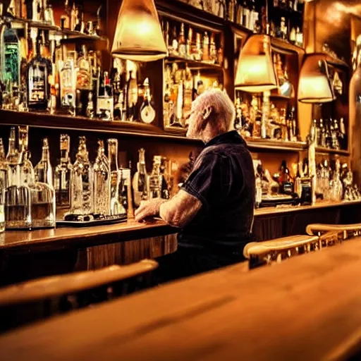 Prompt: an old man sitting on the table at the bar, whisky bottle on the table, looking sad and lonely