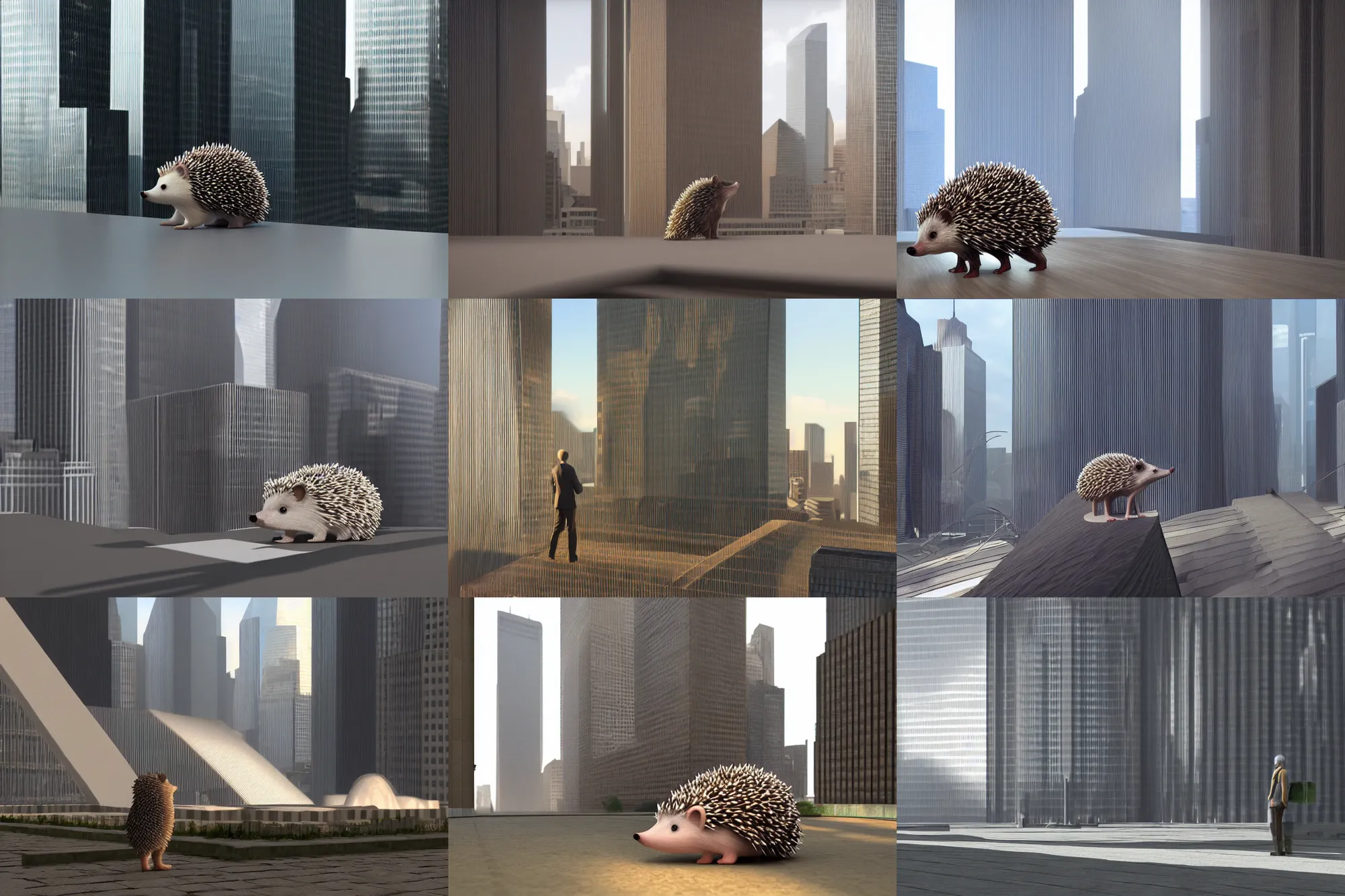 Prompt: hedgehog looking at the market curve in the world trade center in wall street, octane render, blender, maya