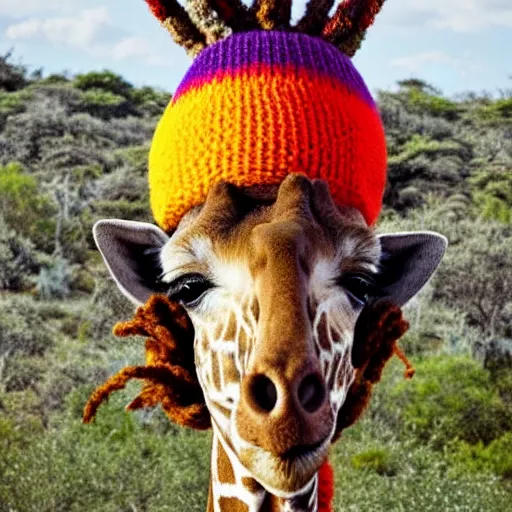 Prompt: A full shot of a giraffe with a knitted Rastafarian hat, dreadlocks, 8k
