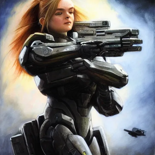 Prompt: ultra realistic portrait painting of elle fanning in halo odst, art by frank frazetta, 4 k, ultra realistic, highly detailed, epic lighting