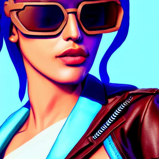 Image similar to closeup painting of a very beautiful young mexican cyberpunk woman with a smirk, wearing light blue shutter shades and a dark brown leather jacket, one side haircut, long brown hair with light blue ends, portrait, hyperdetailed, artstation, cgsociety, 8 k, synthwave by tangerine dream