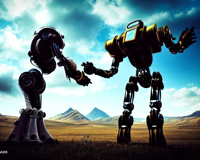 Image similar to two giand futuristic Sci-Fi robot fighting each other, landscape, steampunk, gears, close up, cloudy, mountains on background, peaceful day