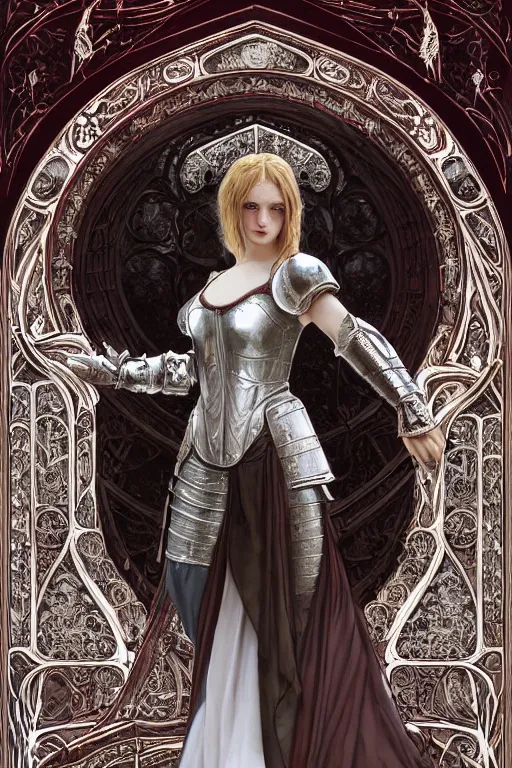 Image similar to beautiful luxury and elite and victorian and holy medieval female red and white silver mirror color armor knight portrait+smoky eyes+light flowing brown hair, in ruin gothic cathedral, ultradetail face, art and illustration by tian zi and craig mullins and WLOP and alphonse mucha, fantasy, intricate complexity, human structure, fantasy world concept, watermark, blurry, hyperrealism 8k