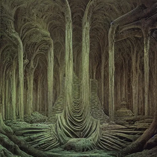 Prompt: the lost temple, forest, hyper detailed, HDR by zdzisław beksiński