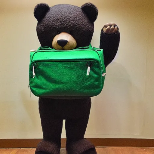 Prompt: big realistic bear standing on two legs, wearing big green bag at his bac, square backpack, photo realistic, high detail, smooth