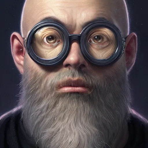 Image similar to highly detailed portrait from a balded gothic man with designer beard and googles, stephen bliss, unreal engine, fantasy art by greg rutkowski, loish, rhads, ferdinand knab, makoto shinkai and lois van baarle, ilya kuvshinov, rossdraws, tom bagshaw, global illumination, radiant light, detailed and intricate environment