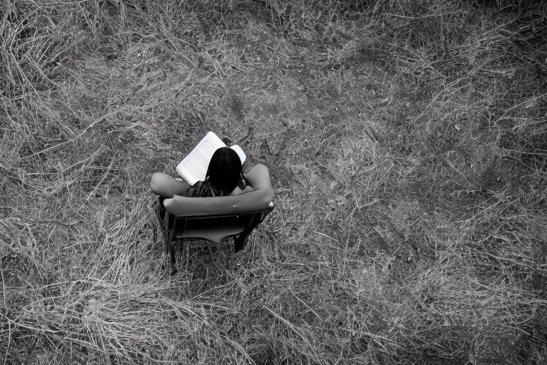 Image similar to A photograph of a woman reading a book while sitting on a bench in a clearing, next to the other vacant bench, looking down from above, black and white photo.ISO200,F4.5,80mm,1/30,Nikon D3.