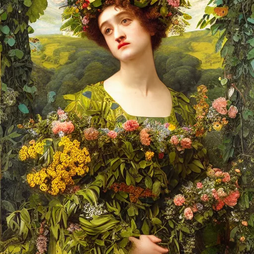 Prompt: masterpiece beautiful seductive flowing curves preraphaelite face midsommar portrait of julia garner as the may queen, flower crown, amongst leaves, yellow ochre ornate medieval dress, amongst foliage, gold gilded circle halo, kilian eng and frederic leighton and rosetti, 4 k