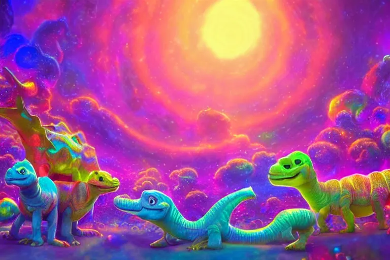 Prompt: a psychedelic realm made entirely out of love and acceptance and hypercolors. astral beings sharing love. cute smiling glowing skin glowing chibi style pixar baby dinosaurs in the style of, epic, fantasy, hyper detailed, smooth, unreal engine, sharp focus, ray tracing