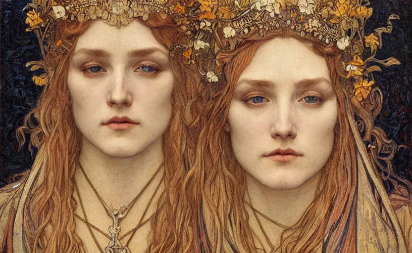 Image similar to detailed realistic beautiful young medieval queen face portrait by jean delville, alphonse mucha, vincent van gogh, and marco mazzoni, art nouveau, symbolist, visionary, gothic, pre - raphaelite