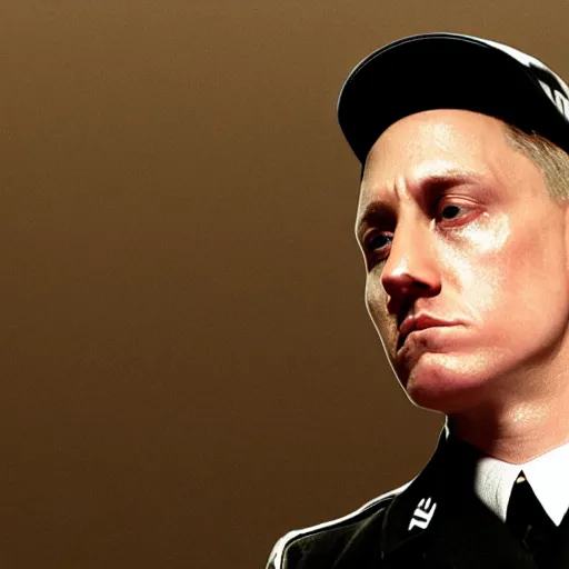 Image similar to award-winning photograph of Eminem as Adolf Hitler, highly detailed, ultra realistic, 8k, cinematic