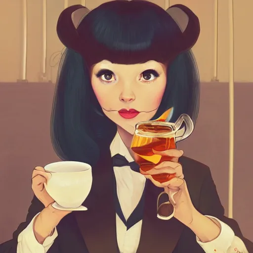 Image similar to a weasel in a suit was drinking tea, surrounded by tea houses ambient lighting, 4 k, lois van baarle, ilya kuvshinov, rossdraws, alphonse mucha, jung gi kim, artstation