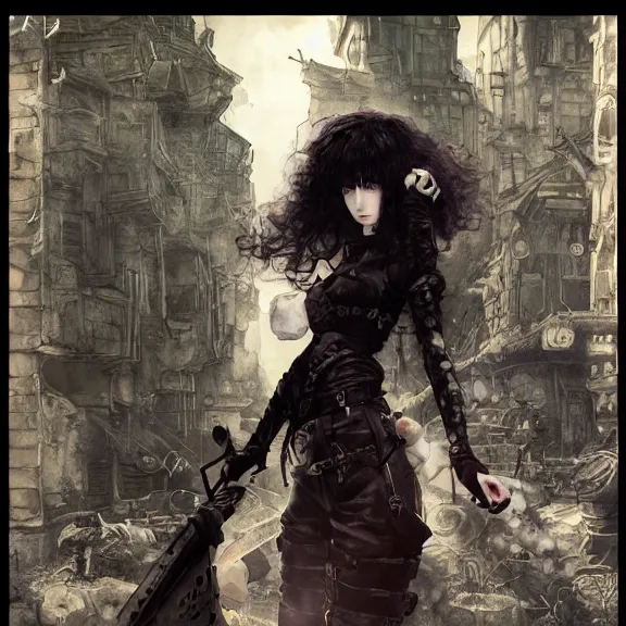 Image similar to christina hendricks goth, tankoban, 4 k, tone mapping, akihiko yoshida, james jean andrei riabovitchev marc simonetti, yoshitaka amano, long hair, curly, h. hydrochaeri