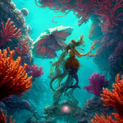 Prompt: coral underwater colorful, fantasy, intricate, highly detailed, digital painting, hq, trending on artstation, illustration, style of stanley artgerm and greg rutkowski and dan mumford