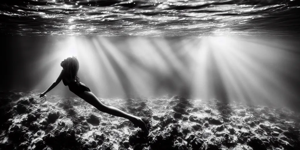 Image similar to female model in deep trench , swimming toward the sun rays and caustics, film , cinematic, black and white underwater photography