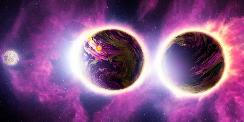 Image similar to an image of two planets with beautiful swirling purple clouds in the background. one planet is earth - like. a digital rendering, magnificent space art, pixabay contest winner. uhd image from space engine. extremely high fov.