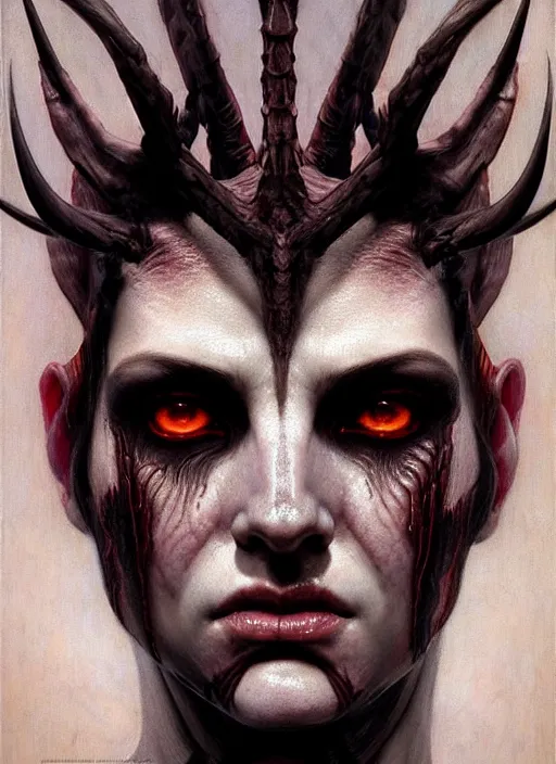 Image similar to half demon half human intricate skin pattern texture, elegant, peaceful, full body, white horns, hyper realistic, extremely detailed, dnd character art portrait, fantasy art, intricate fantasy painting, dramatic lighting, vivid colors, deviant art, artstation, by edgar maxence and caravaggio and michael whelan and delacroix.