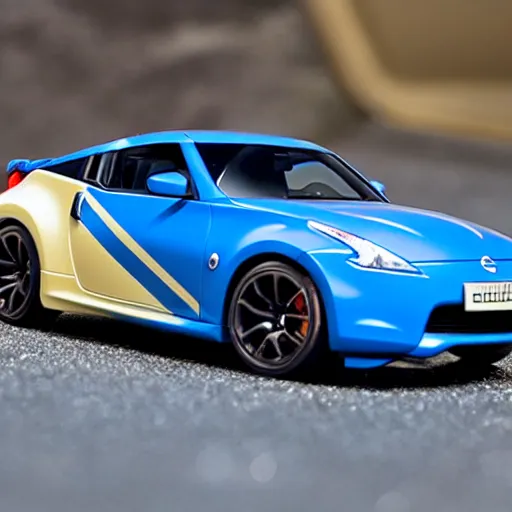 Image similar to a nissan 3 6 0 z in acceleracers hotwheels, glowing blue wheels, professional photography, wide - angle