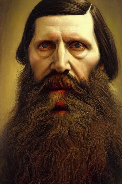 Prompt: hyper realistic painting portrait of rasputin, occult diagram, elaborate details, detailed face, intrincate ornaments, gold decoration, occult art, oil painting, art noveau, in the style of roberto ferri, gustav moreau, david kassan, bussiere, saturno butto, boris vallejo