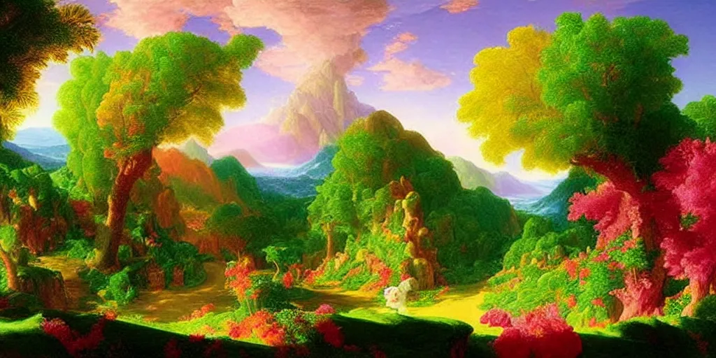 Prompt: a fantasy landscape by lisa frank and thomas cole, candy land