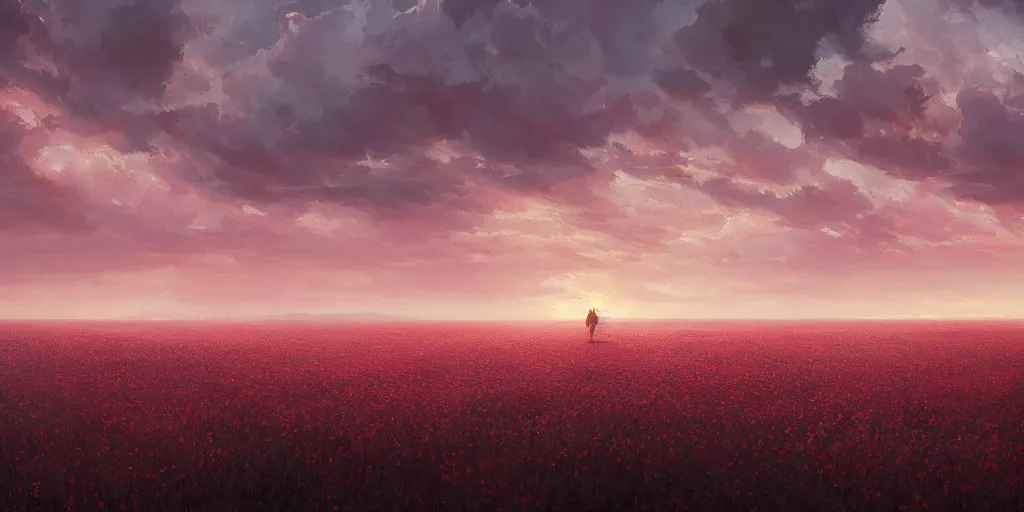 Image similar to concept art of a white flower field stained in blood, dramatic, epic painting, sunset skies, painting by wlop, nixeu and greg rutkowski, beautiful, semirealism, artstation, octane render, oil painting, sharpness, 8 k, golden ratio