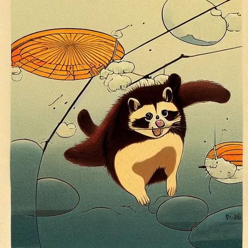 Image similar to a japanese tanuki flying in the sky with large balls, anime art style, ghiblie, miyazaki, beautiful, high detail
