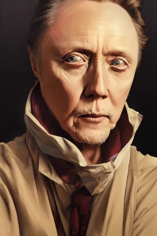 Image similar to portrait of christopher walken with an eyebrow piercing, high quality painting by artgerm and greg rutkowski and alphonse mucha