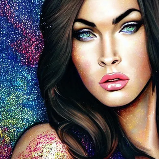 Image similar to “Megan Fox glitter paints paintings, glitter background, ultra detailed portrait, 4k resolution”