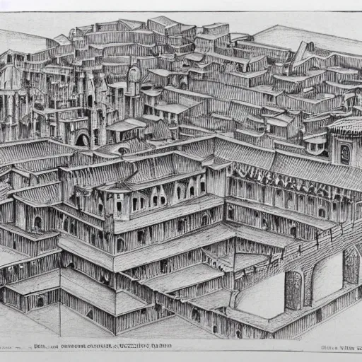 Prompt: MC Escher drawing of a medieval city