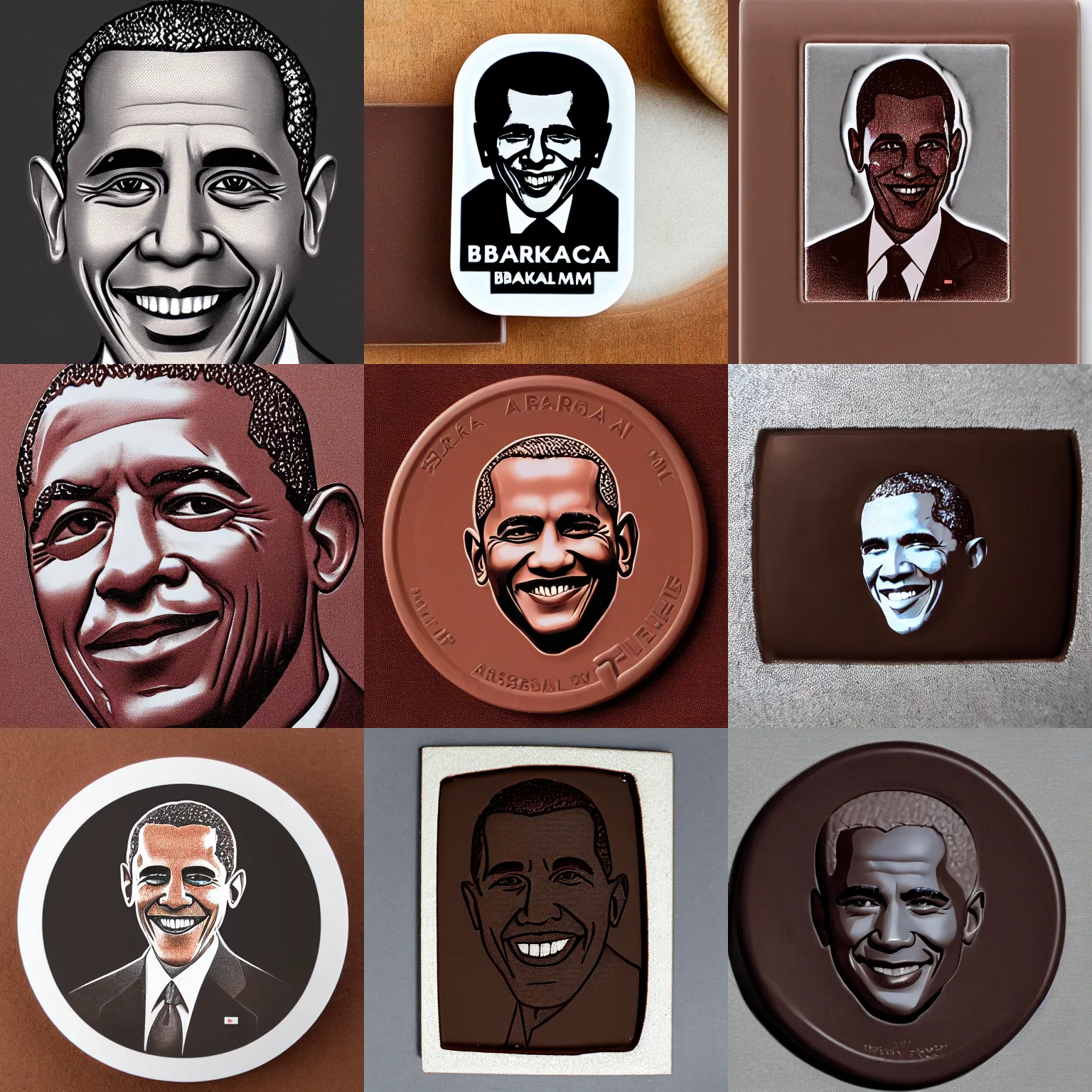 Prompt: dark chocolate emboss relief of barak obama, 3 5 mm product photo