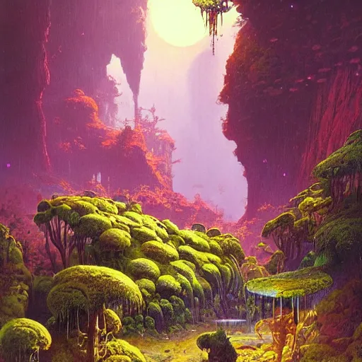 Prompt: beautiful illustration of a lush natural scene on an alien planet by paul lehr. science fiction. extremely detailed. beautiful landscape. weird vegetation. cliffs and water.