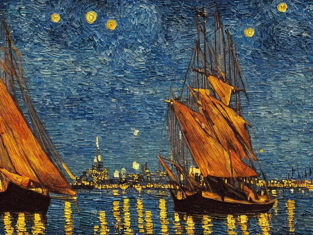 Image similar to oil painting of a viking longship entering port at new york city at night, light scatter, van gogh