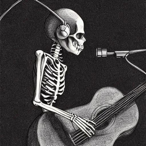 Image similar to skeleton wearing headphones, watching girl playing guitar while her black cat standing next to her, detailed intricate ink illustration, dark atmosphere, detailed illustration, hd, 4k, digital art, overdetailed art, by greg rutkowski, by loish, complementing colors, Trending on artstation