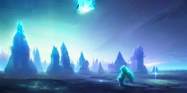 Prompt: a fleet of interconnected giant glowing futuristic crystal cubes in the sky, a fantasy magical landscape seen in the distance, atmospheric lighting, intricate, volumetric lighting, beautiful, sharp focus, ultra detailed, in the art style of marc simonetti, bowater charlie and brom gerald, astrophotography