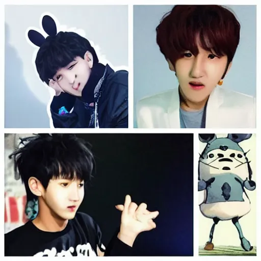 Image similar to “K-pop idol Changbin with scary Totoro, style of studio Ghibli, award winning”