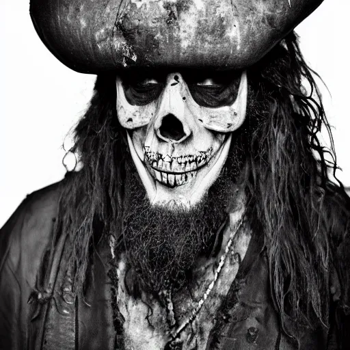 Prompt: 70mm photo of a worn out and torn dirty skull masked dirty rugged old pirate lord wearing a Real worn out Skull Bone Mask dirty old black hat, worn black coat, long black beard and long black hair, dark scene with dim light, movie scene, depth of field
