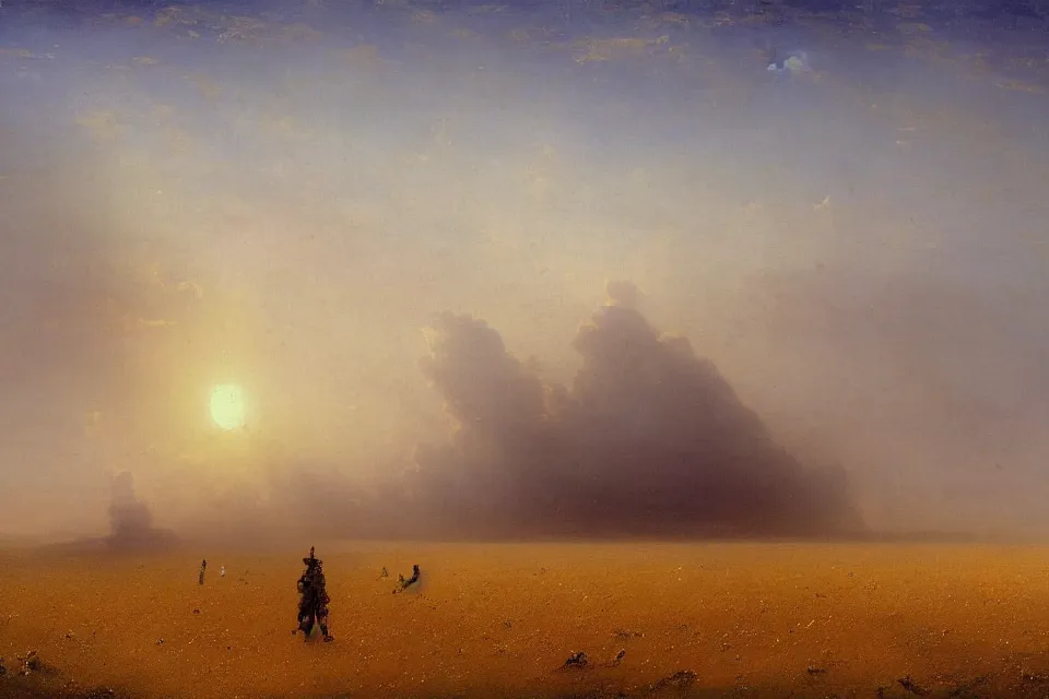 Image similar to sci-fi painting of a large alien city, the closed back view of one humanoid robot on the ground, vast wheat fields, by Ivan Aivazovsky, godrays, atmospheric, cinematic, detailed
