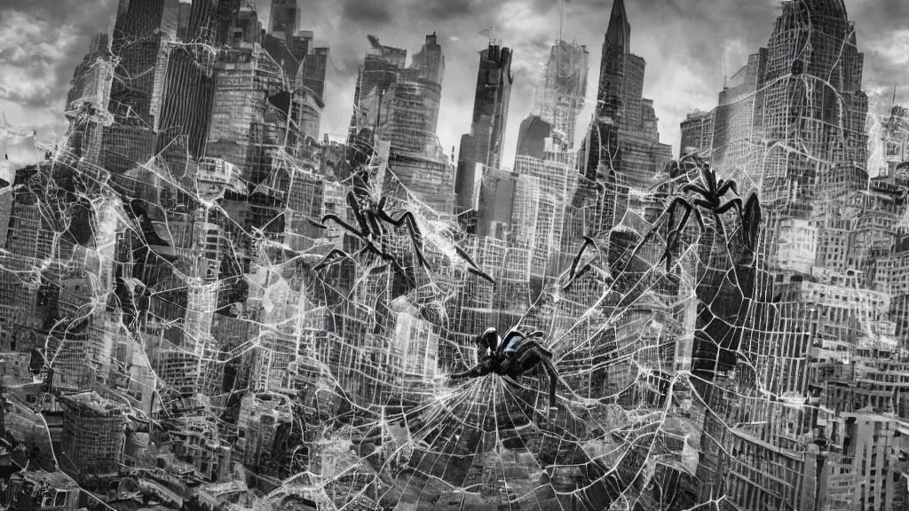 Prompt: giant arachnids attacking the city, photography, realistic, arachnophobia