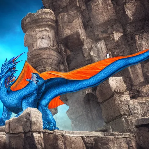 Image similar to professional photo of a blue dragon with a white belly and orange eyes flying over some ancient ruins