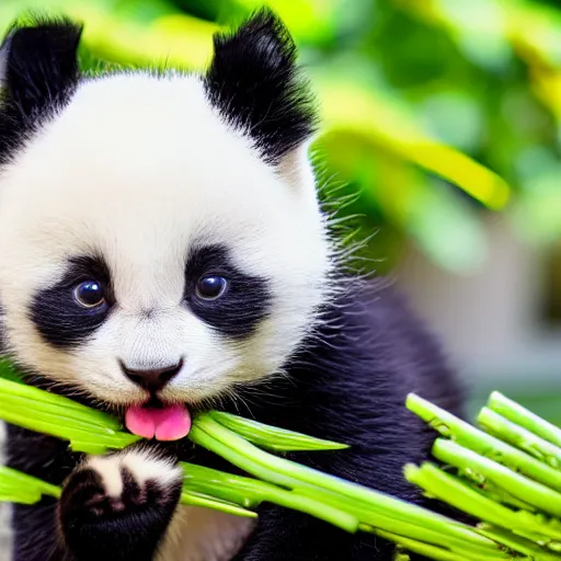 Image similar to cute kitten with panda body, eats bambus, highly detailed, sharp focus, photo taken by nikon, 4 k