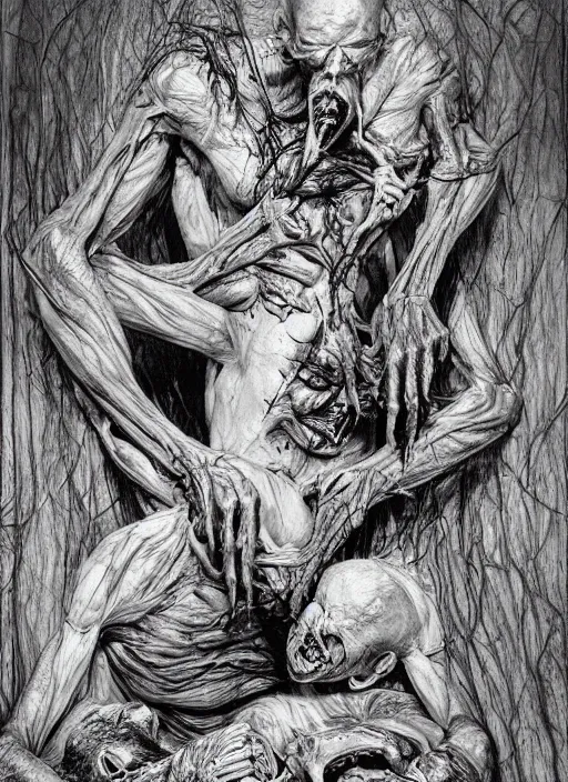 Prompt: stunning bernie wrightson photograph of experimental surgery of a man sewn together to another man with multiple heads multiple arms grotesque twisted vein covered splotchy skin of despair, painful merging of bodies disgusted siamese horror conjoined psychotic painful people award winning style photography